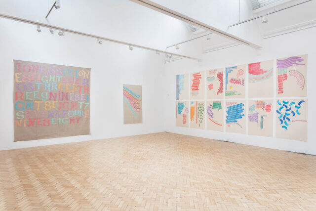 Installation view of Giorgio Griffa, 'A Continuous Becoming,' Camden Art Centre, 2018. Photo: Mark Blower