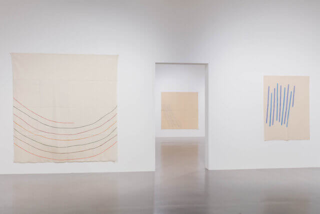 Installation view of Giorgio Griffa, 'A Continuous Becoming,' Camden Art Centre, 2018. Photo: Mark Blower