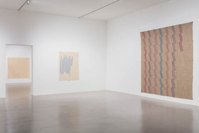 Installation view of Giorgio Griffa, 'A Continuous Becoming,' Camden Art Centre, 2018. Photo: Mark Blower