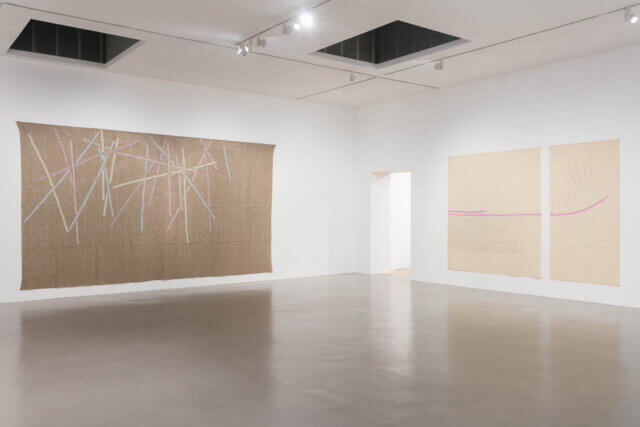 Installation view of Giorgio Griffa, 'A Continuous Becoming,' Camden Art Centre, 2018. Photo: Mark Blower