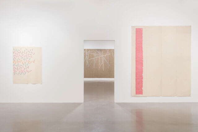 Installation view of Giorgio Griffa, 'A Continuous Becoming,' Camden Art Centre, 2018. Photo: Mark Blower