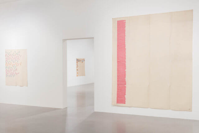 Installation view of Giorgio Griffa, 'A Continuous Becoming,' Camden Art Centre, 2018. Photo: Mark Blower