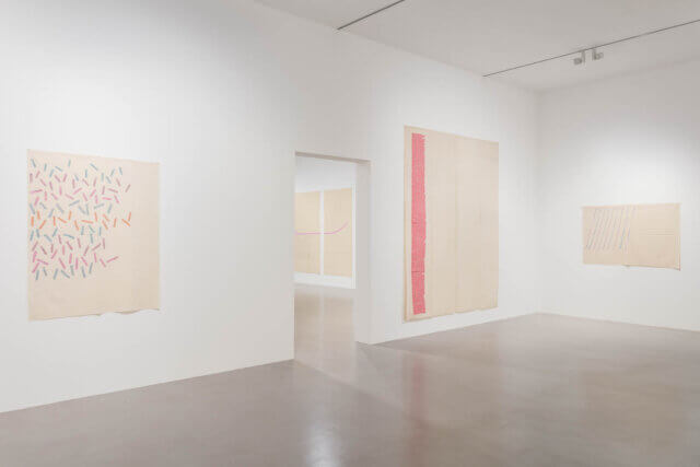 Installation view of Giorgio Griffa, 'A Continuous Becoming,' Camden Art Centre, 2018. Photo: Mark Blower