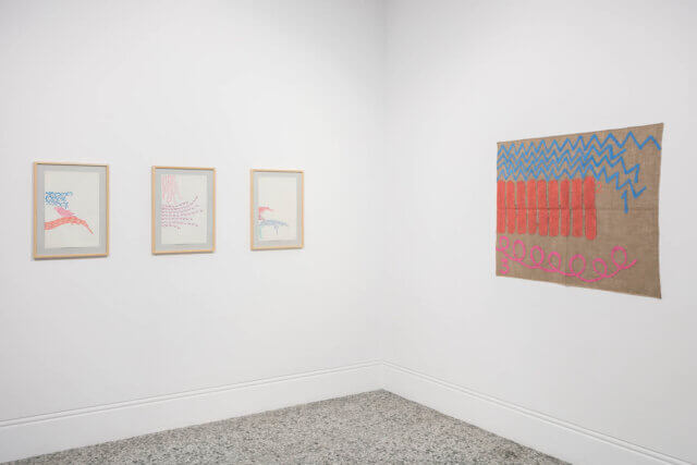 Installation view of Giorgio Griffa, 'A Continuous Becoming,' Camden Art Centre, 2018. Photo: Mark Blower