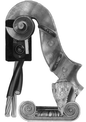 Yuko Mohri, Moré Moré (Leaky): The Falling Water Given #1-3, 2015, Wood, umbrella, hose, PET bottles, rubber glove, bucket, wheel, duster, sponge, pump, acrylic resin, etc. 2725×1758×500mm (×3). Photo: Keizo Kioku. Photo Courtesy: Nissan Art Award